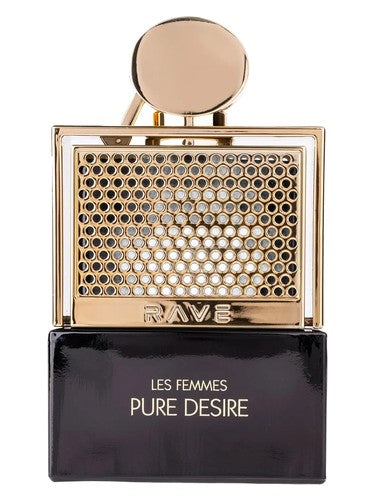 Lattafa Rave Pure Desire Gold eau de parfum bottle, a warm & amber fragrance