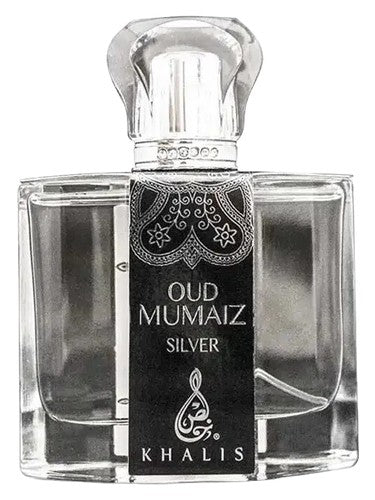 Khalis Oud Mumaiz Silver perfume bottle, a warm fragrance