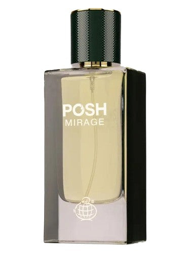 Fragrance World Posh Mirage eau de parfum bottle, a woody fragrance