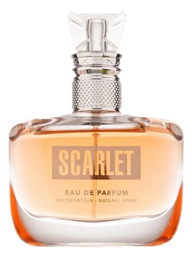 Fragrance World Scarlet body mist bottle, a white floral fragrance