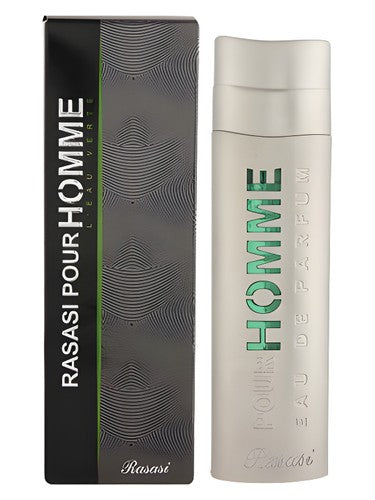 Rasasi Pour Homme L'eau Verte perfume bottle, a gourmand fragrance