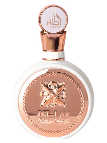 Lattafa Fakhar Rose eau de parfum bottle, a white floral fragrance