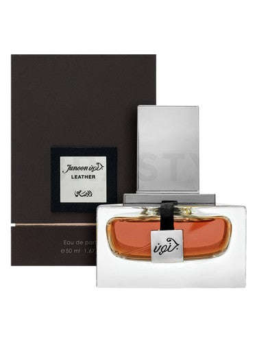 Rasasi Junoon Leather Pour Homme perfume bottle, a woody fragrance