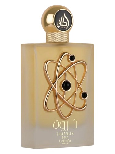 Lattafa Tharwah Gold eau de parfum bottle, a gourmand fragrance