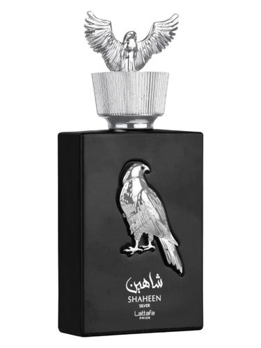 Lattafa Shaheen Silver eau de parfum bottle, a citrus fragrance