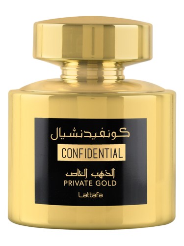 Lattafa Confidential Private Gold eau de parfum bottle, a fruity fragrance