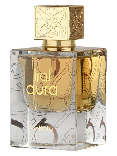 Lattafa Aura eau de parfum bottle, a gourmand fragrance