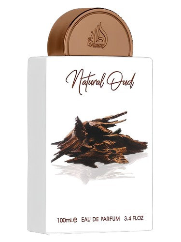 Lattafa Natural Oud perfume bottle, a warm & amber fragrance