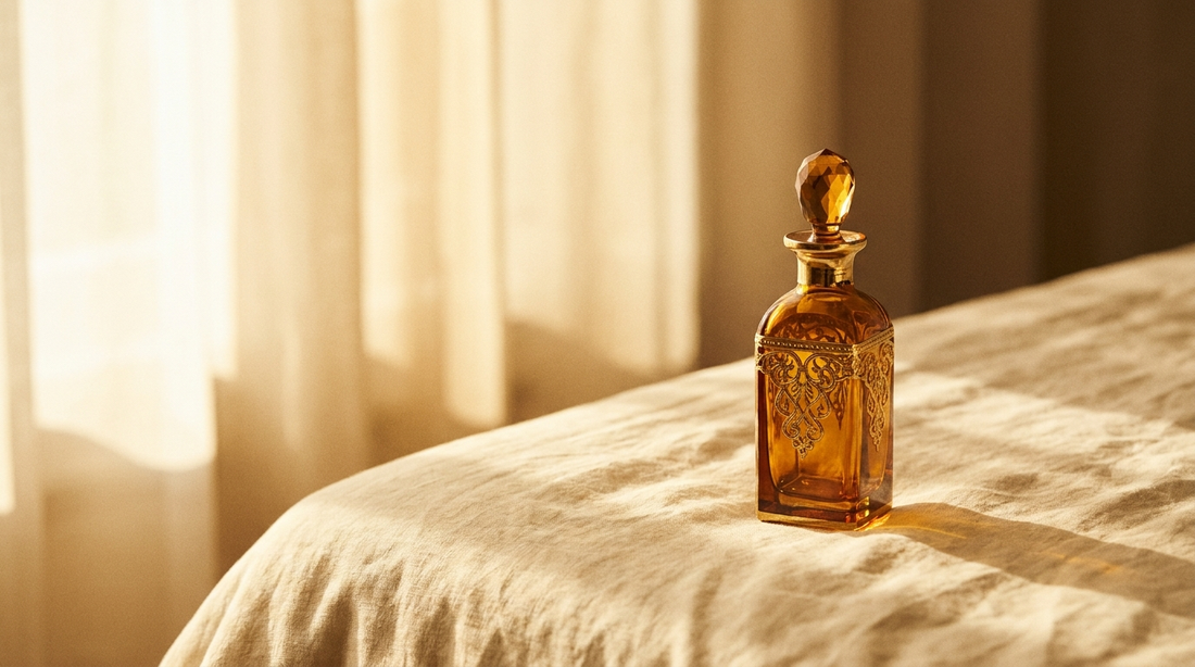Amber glass Arabic perfume bottle resting in warm window light on cream linen