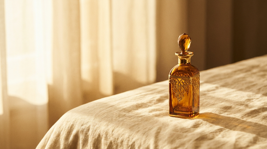 Amber glass Arabic perfume bottle resting in warm window light on cream linen