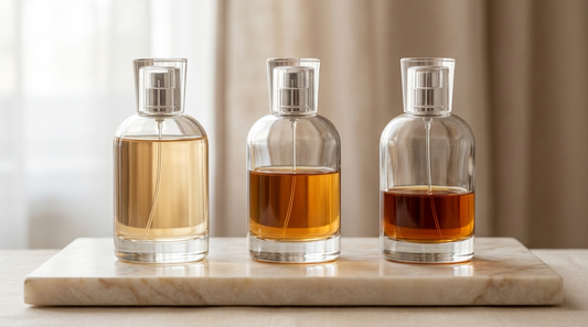 Three fragrance bottles at different concentration fill levels on cream marble