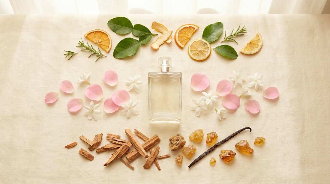 Perfume bottle surrounded by ingredients arranged as top, heart and base notes
