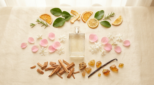 Perfume bottle surrounded by ingredients arranged as top, heart and base notes