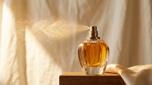 Perfume bottle mid-spray with a fine mist in golden light