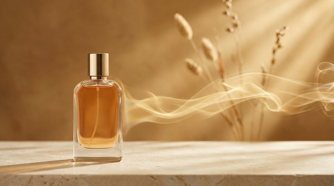 Perfume bottle with a soft scent trail drifting in warm golden light