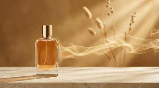 Perfume bottle with a soft scent trail drifting in warm golden light