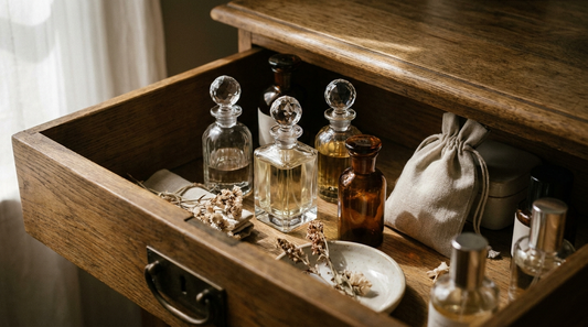 Perfume bottles stored in a cool wooden drawer away from direct light