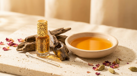 Traditional attar oil bottle with a gold cap beside oud wood and a dish of amber oil