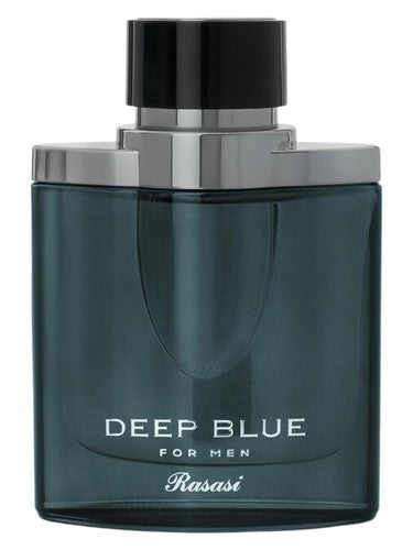 Rasasi Deep Blue eau de parfum bottle, a earthy fragrance