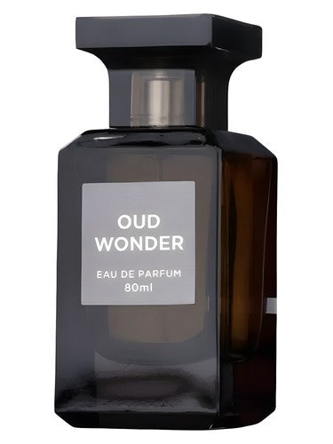 Fragrance World Oud Wonder eau de parfum bottle, a woody fragrance