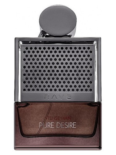 Lattafa Rave Pure Desire Intense Man eau de parfum bottle, a woody fragrance