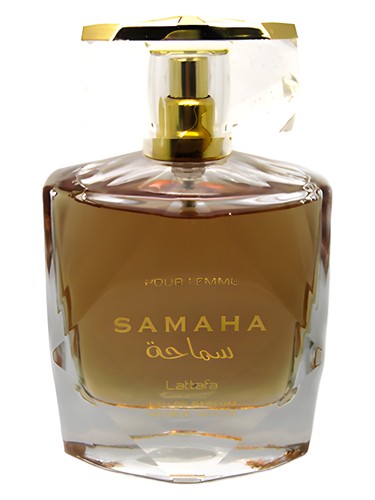 Lattafa Samaha perfume bottle, a woody fragrance