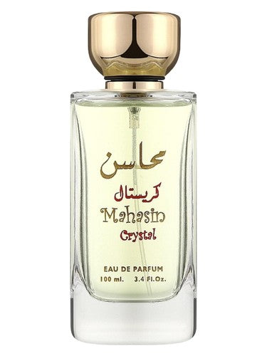 Lattafa Mahasin Crystal eau de parfum bottle, a floral fragrance
