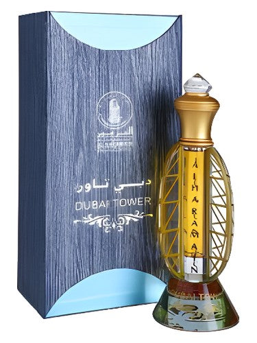 Al Haramain Dubai Tower cologne bottle, a warm & amber fragrance