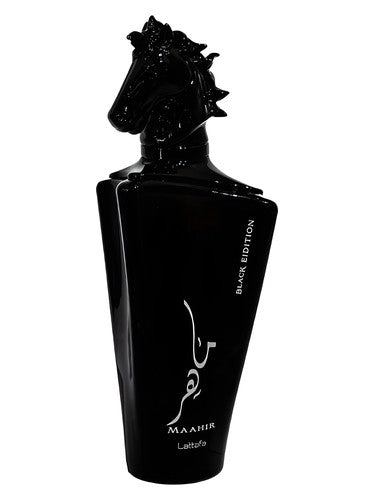 Lattafa Maahir Black Edition eau de parfum bottle, a smoky fragrance