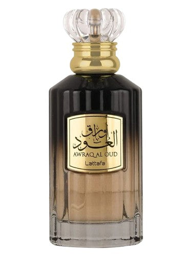 Lattafa Awraq Al Oud eau de parfum bottle, a woody fragrance